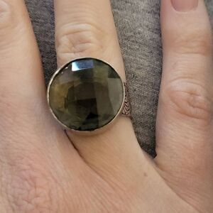 Bohemian Smokey Grey Glass Circular Crystal Ring - Size 7.5